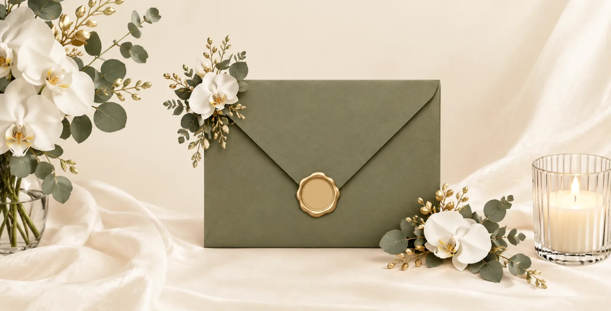Sobre verde con sello dorado entre orquídeas blancas y una vela